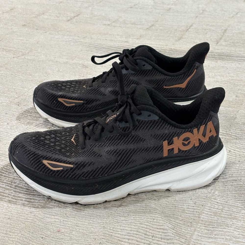 Hoka Black and Tan Athletic Shoes